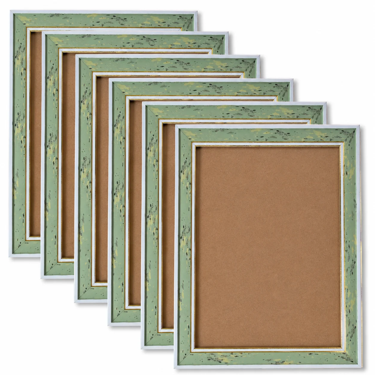 Vintage Shabby Chic Photo Frame Set of 6 (8" x 11.6") – Distressed Green & Gold Wall Display Picture Frames for Home, Office, and Gallery Decor